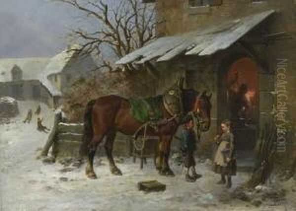 Zwei Kinder Im Gesprach Vor Der Schmiede Oil Painting by Reinhold Braun