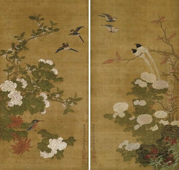 Birds And Blossoms (+ Another; Pair) Oil Painting by Sun Yi