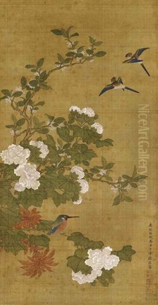Birds And Blossoms (pair) Oil Painting by Sun Yi