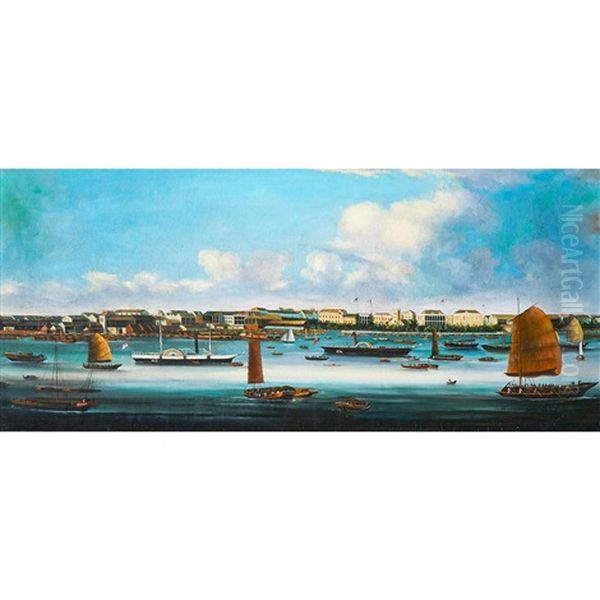 New Foreign Factories In Guangzhou, Second-half 19th Century Oil Painting by Sunqua