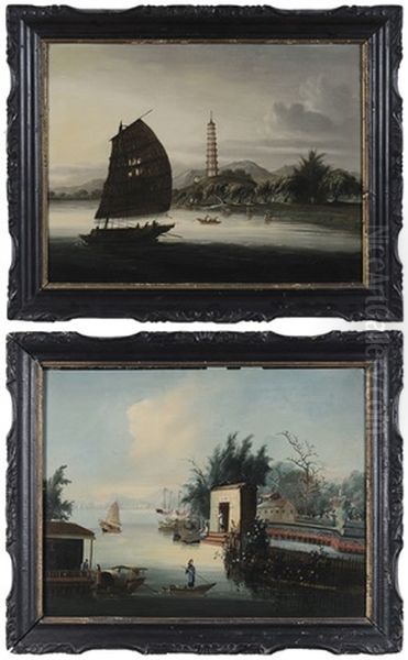 The Nine Stage Pagoda At Whampoa, Hong Merchant's Garden (pair) Oil Painting by Sunqua