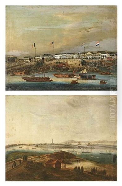 Canton, A View Of The Hongs After (+ A View Of Whampoa Anchorage; Pair) Oil Painting by Sunqua