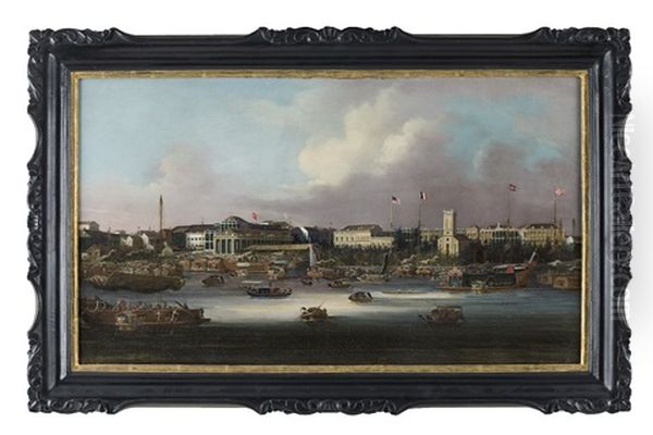 View Of The Hongs At Canton (+ The Praya Grande At Macao; Pair) Oil Painting by Sunqua