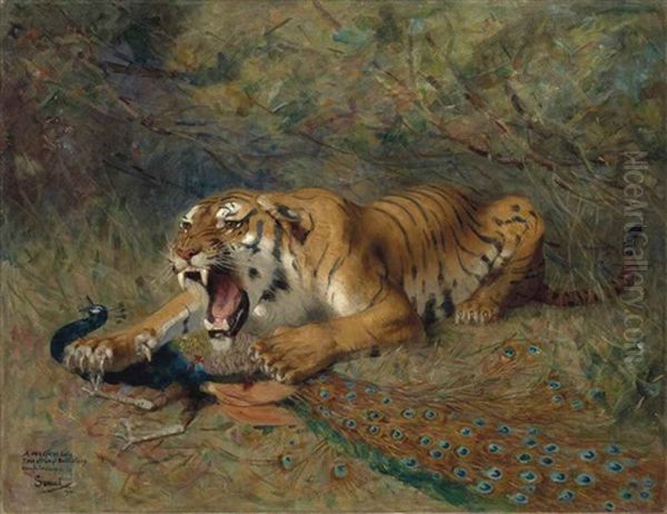 Le Tigre Et Le Paon Oil Painting by Gustave Surand