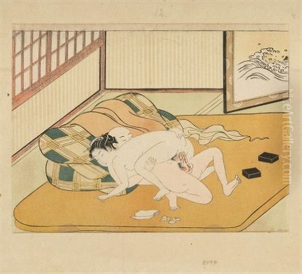 Liebespaar Auf Gelbem Tatami, Rechts Im Hintergrund Ein Byobu (chuban, Yoko-e) Oil Painting by Suzuki Harunobu