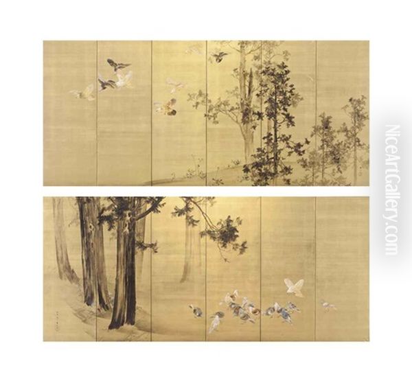 Birds And Pine Trees (pair) Oil Painting by Kason Suzuki