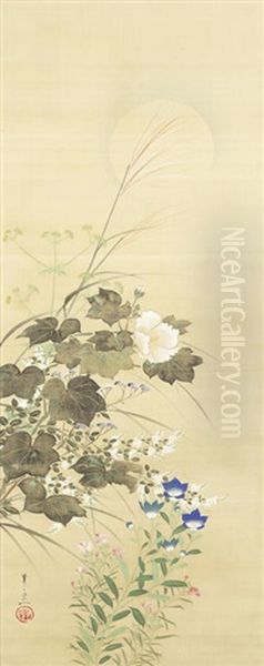 Autumn Plants By Moonlight Oil Painting by Kiitsu Suzuki