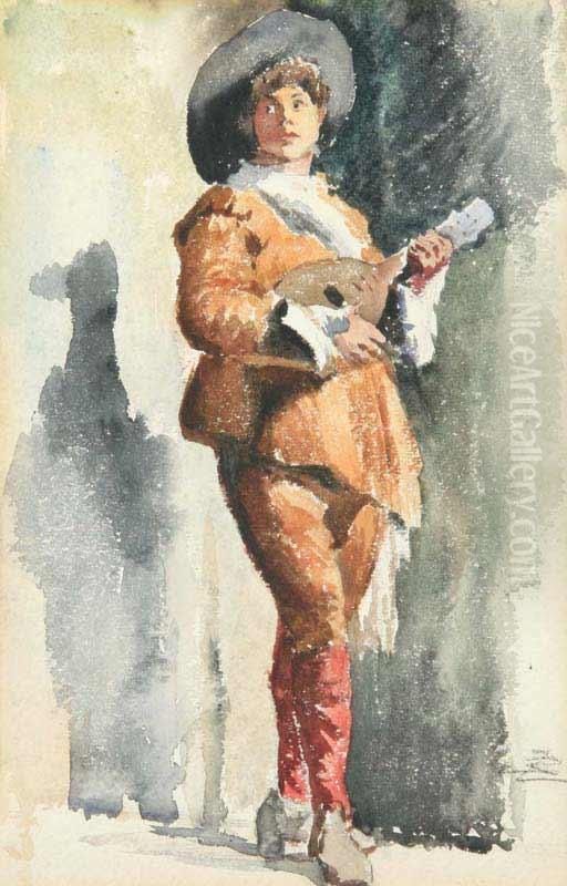 A Study Of A Figure With A Lute Oil Painting by Zdenka Braunerova