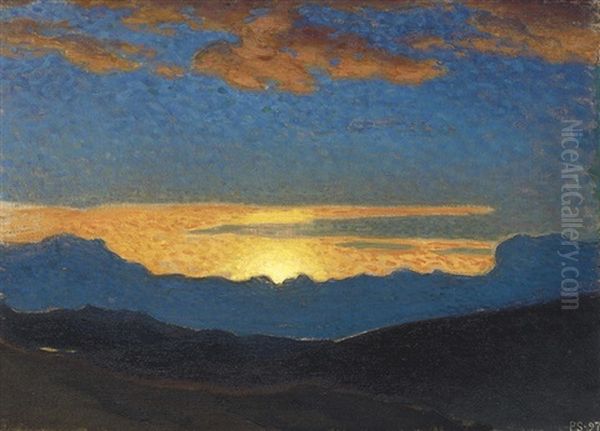Solnedgang Over Bergen - Sunset Over The Mountains Oil Painting by Pelle Svedlund