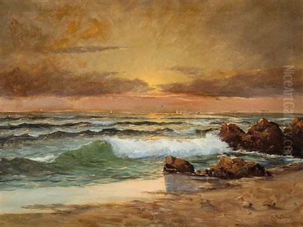 Ocean View At Sunset Oil Painting by Paul A. Svedomsky