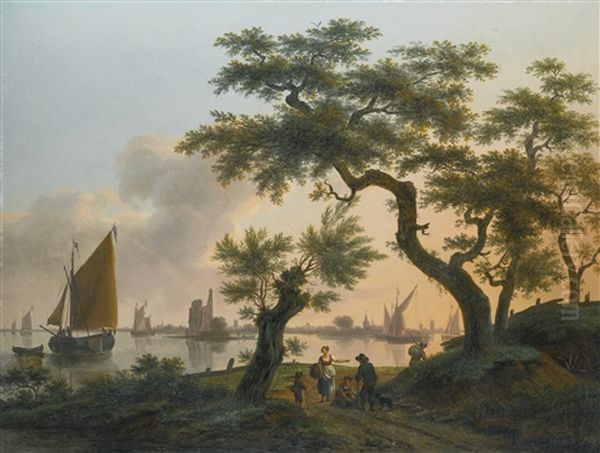 Landscape With An Estuary, With Shipping On The Water And Figures On The Path In The Foreground Oil Painting by Frans Swagers