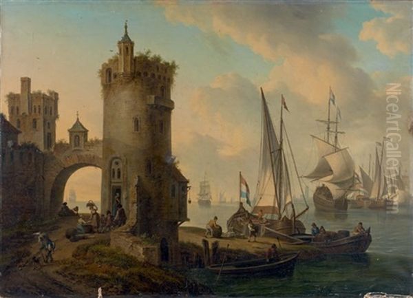 Vue D'un Port Avec Des Pecheurs Oil Painting by Frans Swagers