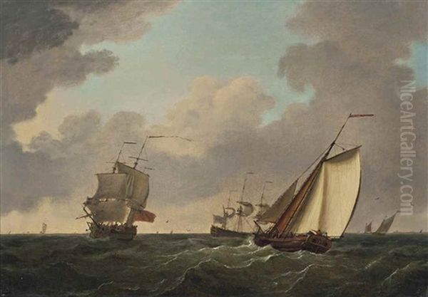A Cutter Yacht Passing Two Frigates In A Freshening Breeze Oil Painting by Francis Swaine