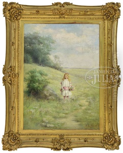 Young Girl Picking Flowers In Landscape Oil Painting by Emma Levina Swan