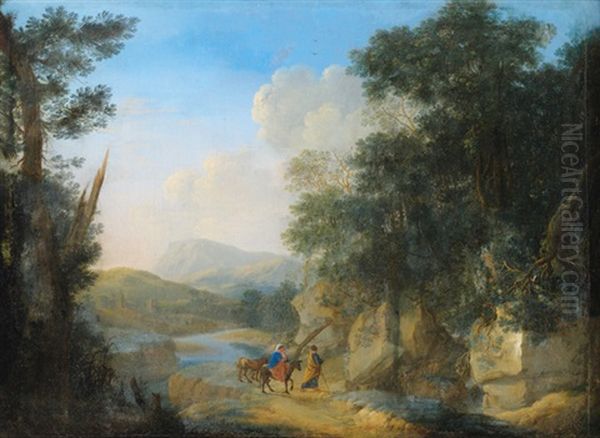 Felsige Landschaft Mit Der Heiligen Familie Auf Der Flucht Nach Agypten Oil Painting by Herman Van Swanevelt