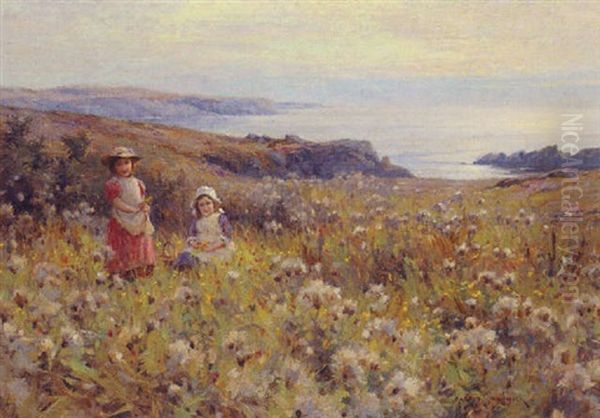 Children Gathering Flowers Near The Coast Oil Painting by Harold Swanwick