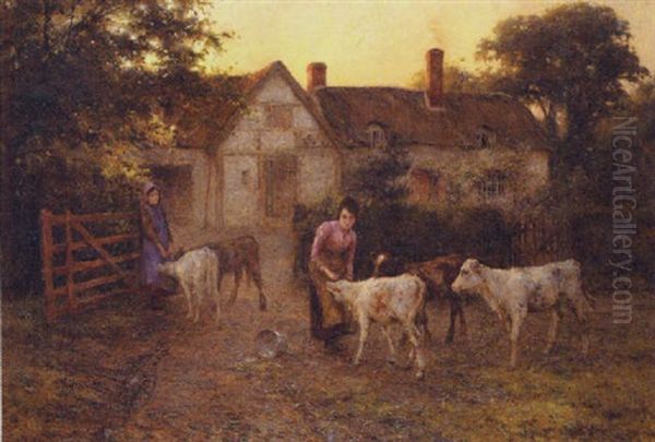 Feeding The Calves Oil Painting by Harold Swanwick