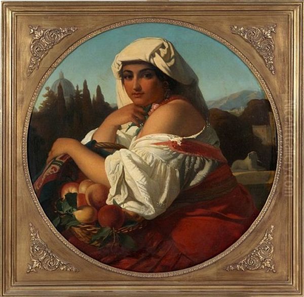 Oriental Female Fruit Merchant In Front Of A Landscape With Building In The Distance Oil Painting by Jan Swerts