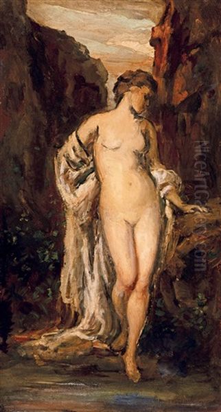 Female Nude With Drapery (by The Spring) Oil Painting by Bertalan Szekely