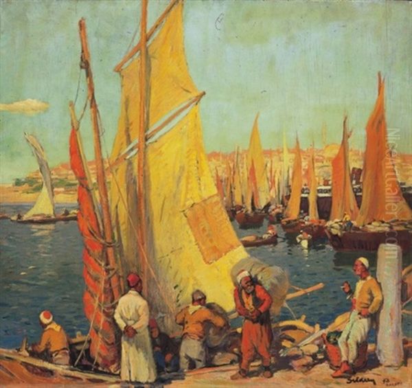 Harbor In Constantinople With The Hagia Sophia In The Background Oil Painting by Andar Szekely von Doba