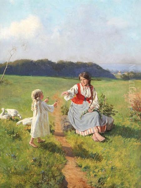 Deux Soeurs Fabriquant Une Couronne De Fleurs Oil Painting by Wladyslaw Szerner