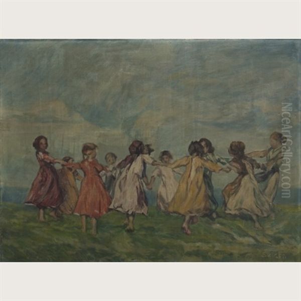 Young Girls Dancing In A Field Oil Painting by Jenoe Szigeti