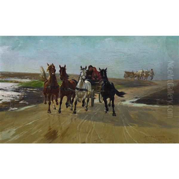 Bauernpaar Im Vierspanner Oil Painting by Stanislaw Ksawery Szykier (Siekierz)