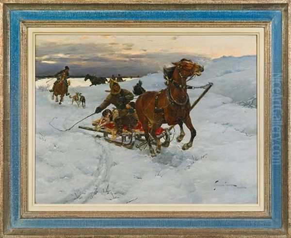 The Sledge Oil Painting by Stanislaw Ksawery Szykier (Siekierz)