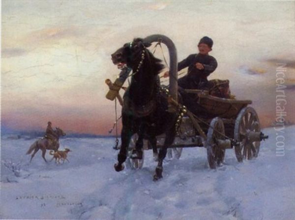 Winterlandschaft Mit Trojka Oil Painting by Stanislaw Ksawery Szykier (Siekierz)