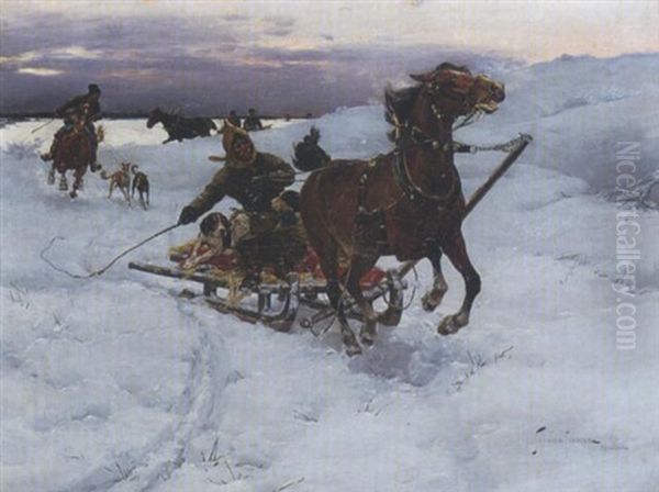 Winterliche Schlittenfahrt Oil Painting by Stanislaw Ksawery Szykier (Siekierz)