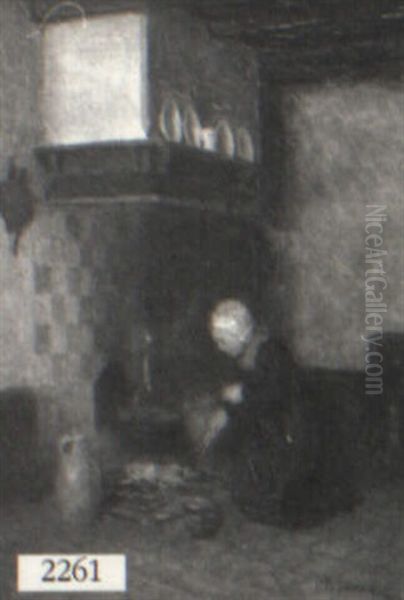 Girl Tending A Fire Oil Painting by Jacob Taanmann