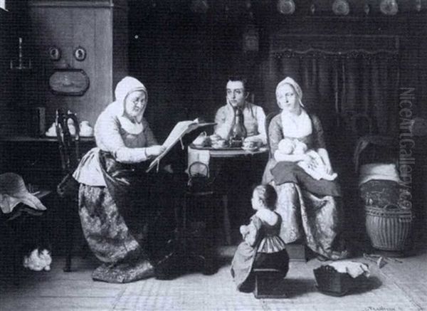 A Family In An Interior Oil Painting by Jacob Taanmann