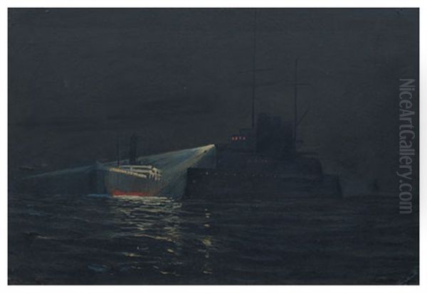 Kruvazor Ve Gemi Oil Painting by Diyarbakirli Tahsin