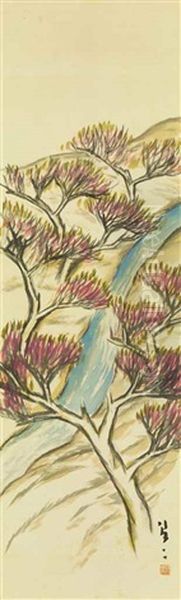 River And Red Leaves Forest Oil Painting by Takehisa Yumeji