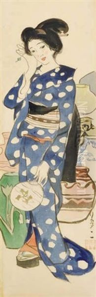 Vase Store Woman Oil Painting by Takehisa Yumeji