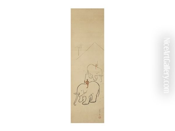 Elephant Trainer Oil Painting by Takehisa Yumeji