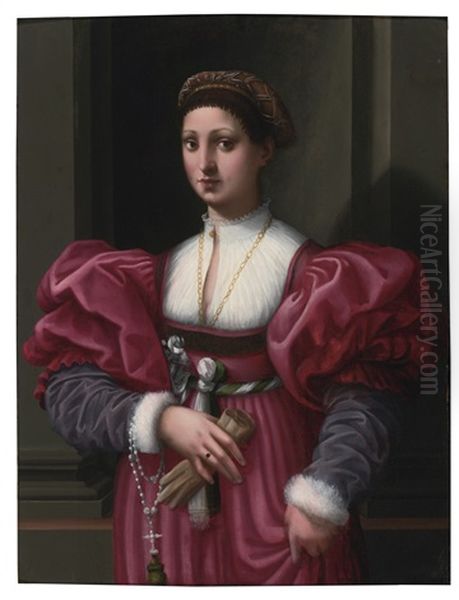 Portrait Of A Lady In A Crimson Dress Oil Painting by Vincenzo Tamagni Da San Gimignano