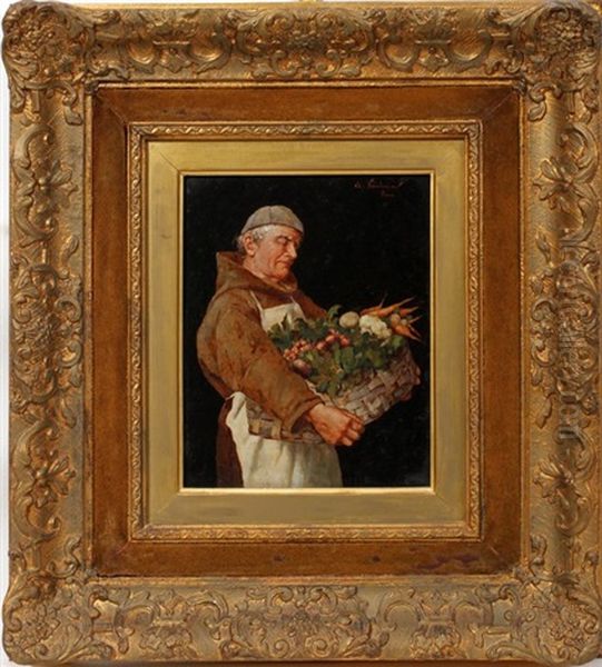 Grocer With Basket Of Vegetables Oil Painting by Arnaldo Tamburini