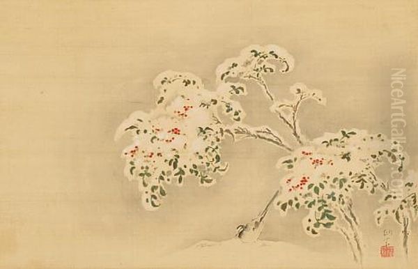 Wagtail And Nandina In Snow Oil Painting by Totsugen Tanaka