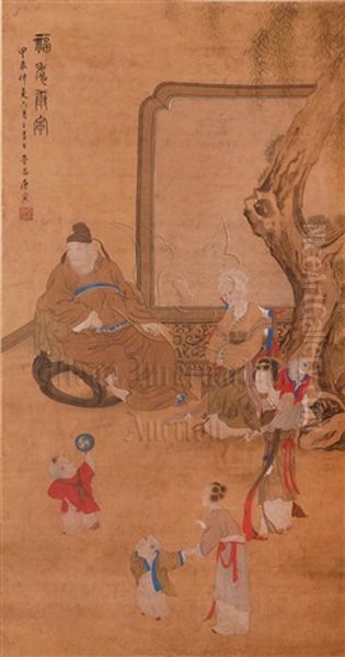 Ink And Color On Silk Painting 'family Oil Painting by Tang Yin