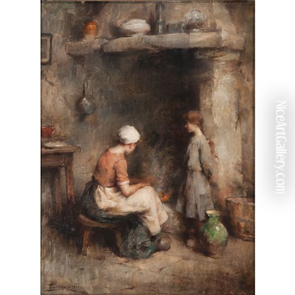 By The Hearth Oil Painting by Henri Adriene Tanoux