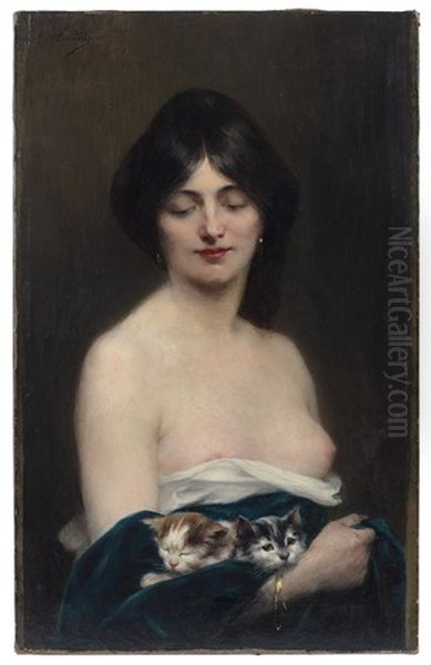 Jeune Femme Aux Chatons Oil Painting by Henri Adriene Tanoux