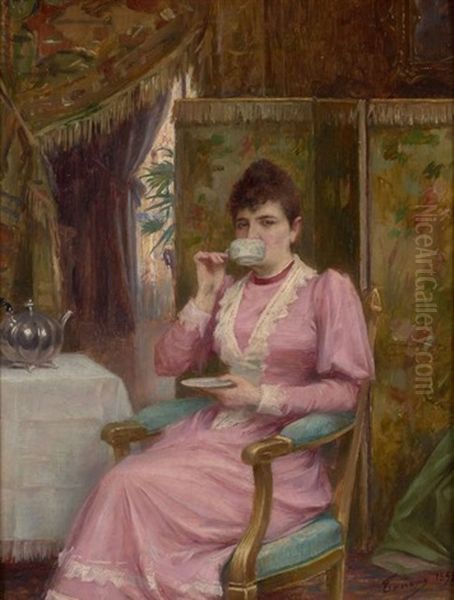 Dame Buvant Une Tasse De The Dans Un Interieur Oil Painting by Henri Adriene Tanoux