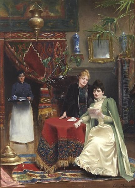 Women Reading A Letter Oil Painting by Henri Adriene Tanoux
