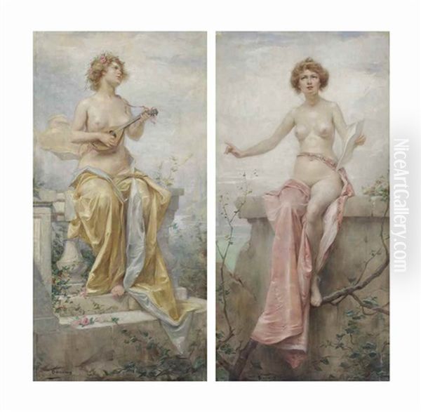 An Allegory Of Music (pair) Oil Painting by Henri Adriene Tanoux
