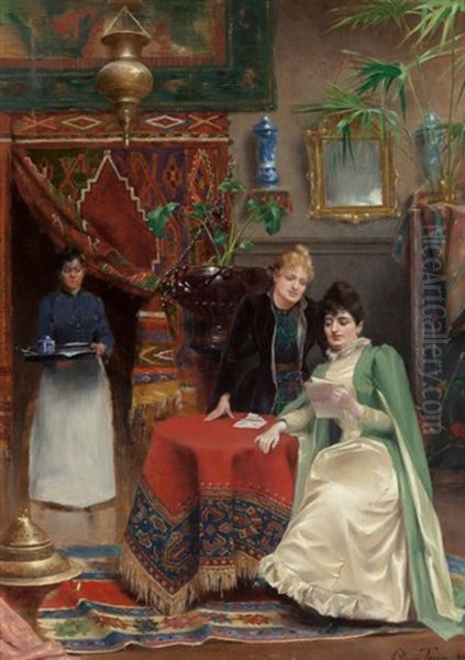Women Reading A Letter, 1890 Oil Painting by Henri Adriene Tanoux