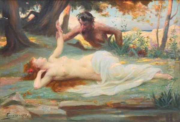 Nymphe Et Faune Au Bord De L'eau Oil Painting by Henri Adriene Tanoux