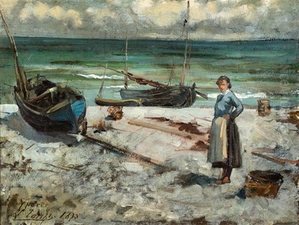 Zwei Fischerboote Mit Fischerin Bei Yport Oil Painting by Leon Louis Antoine Tanzi