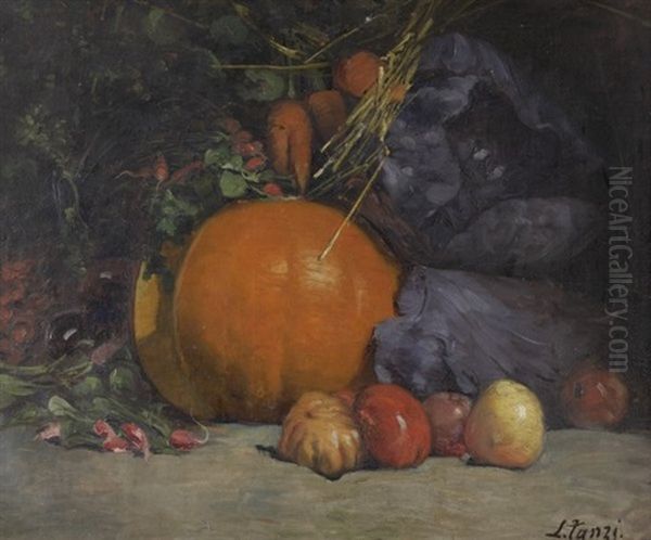 Fruchtestilleben Mit Kurbis. Kurbis, Ruben, Roter Kohl Und Obst Oil Painting by Leon Louis Antoine Tanzi