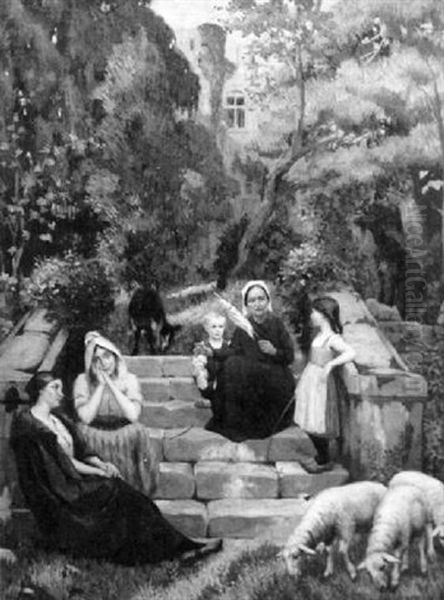 Bergeres Et Enfants Dans Un Jardin Oil Painting by Edmond Tapissier